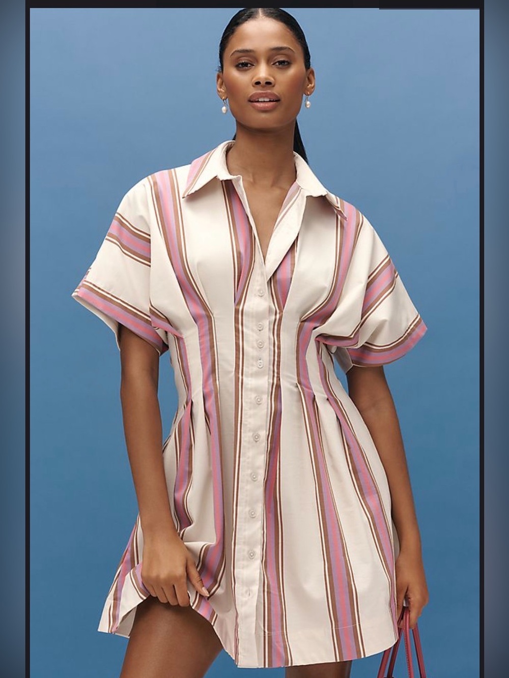 EXQUISE Tobie Striped Mini Shirt Dress in Cream & Pink Size Medium
